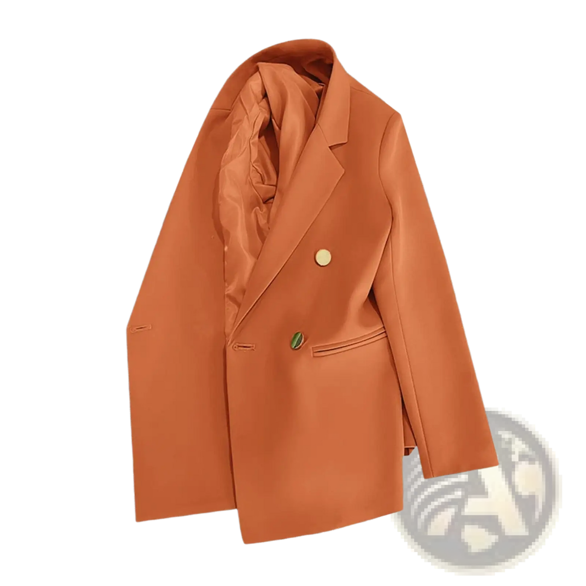 A women’s casual orange double-breasted blazer with contrasting green buttons suitable for office wear