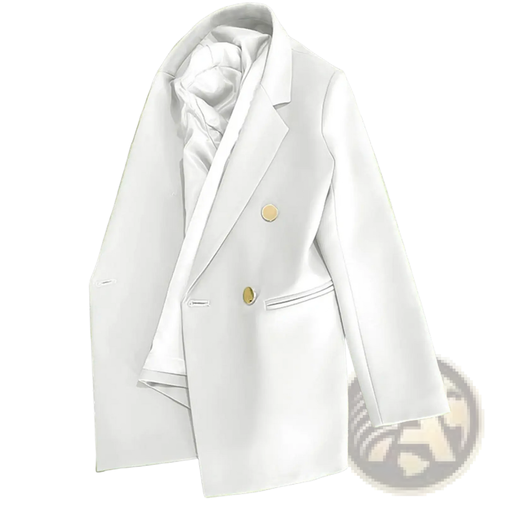 Women casual single button office blazer in sleek white with gold tone buttons and satin lined interior