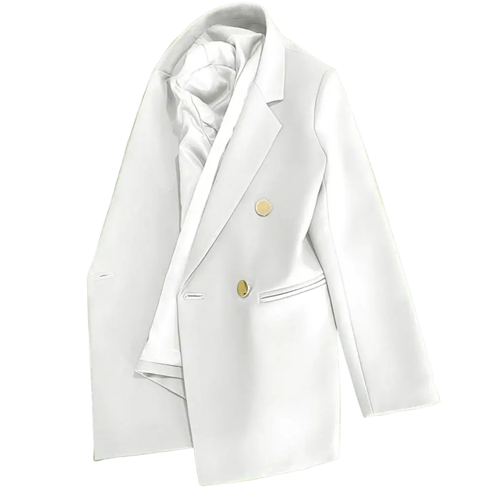 Women casual single button office blazer in sleek white with gold tone buttons and satin lined interior