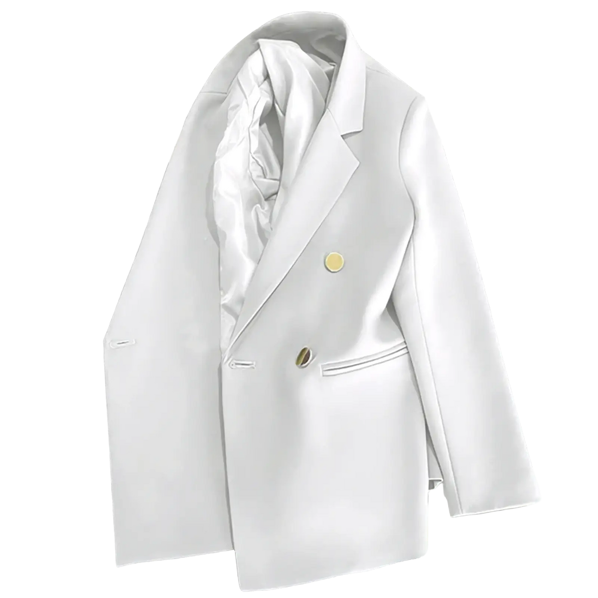 Women casual white satin blazer with gold buttons and structured double-breasted design for office wear