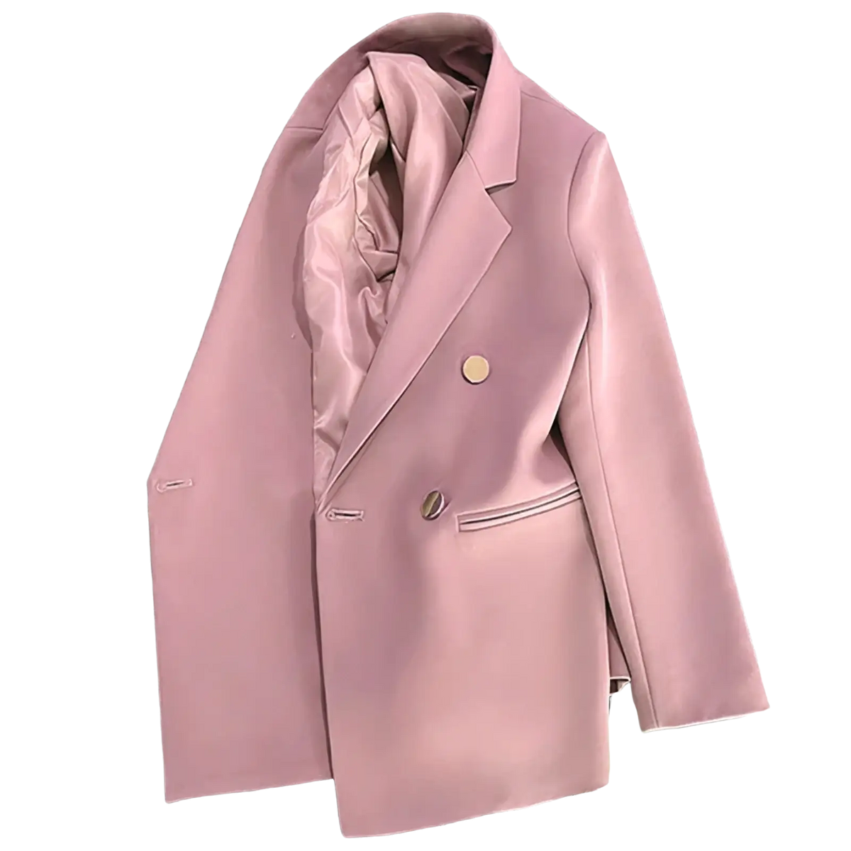 Women casual soft pink satin double-breasted blazer with gold buttons suitable for office wear