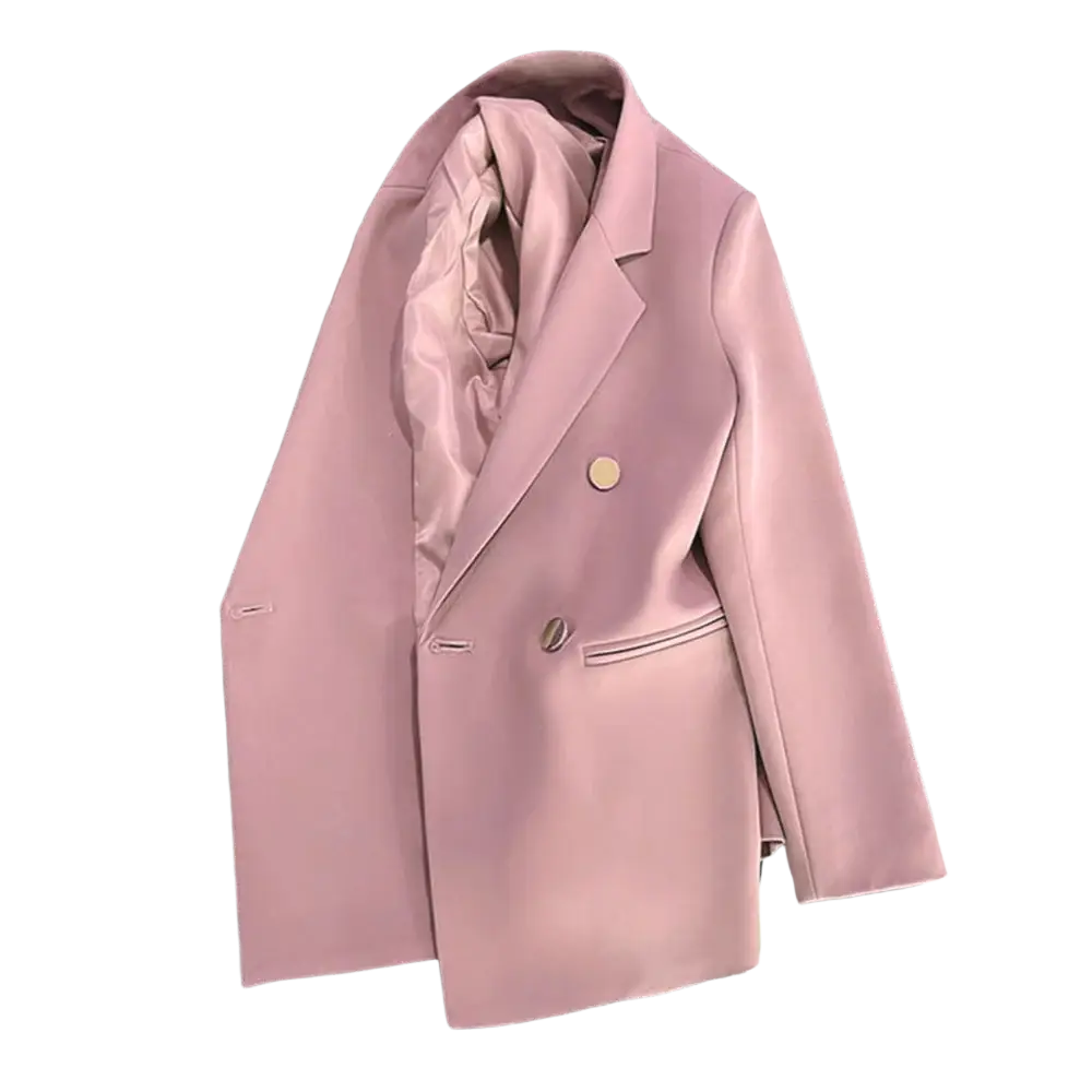 Women’s casual soft pink satin double-breasted office blazer with gold-toned buttons for formal wear