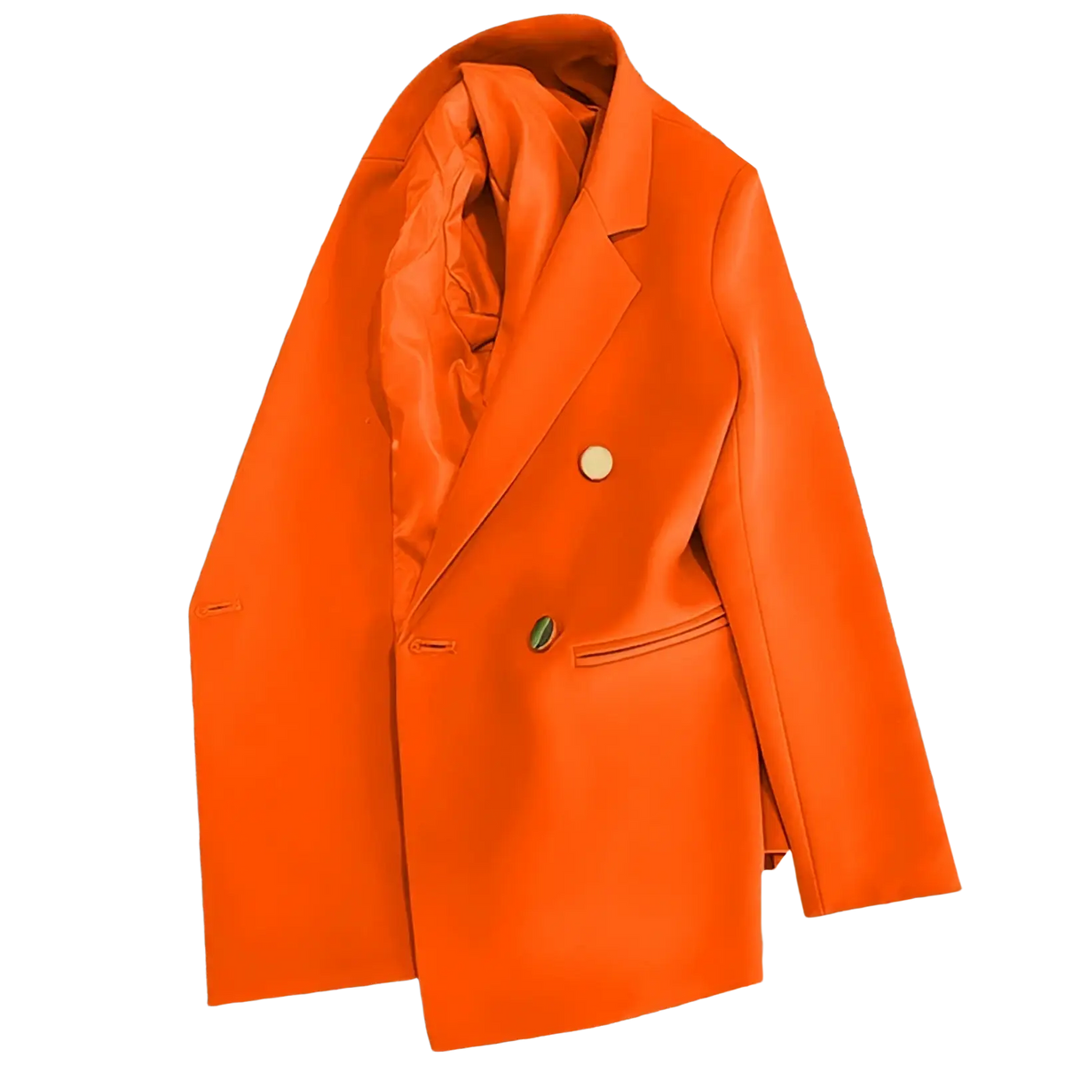Women’s casual single button office blazer in vibrant orange satin finish with contrasting green buttons and double-breasted style