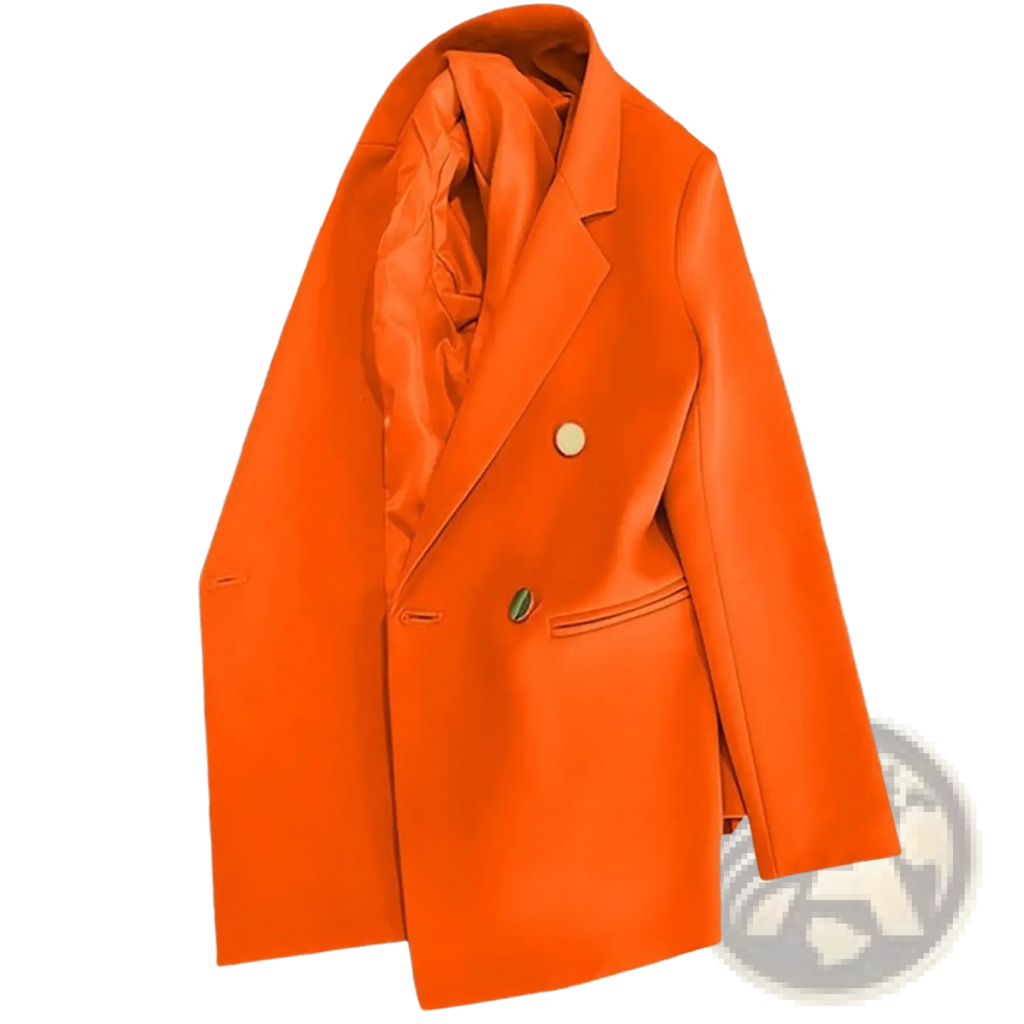 Vibrant orange women’s casual double-breasted blazer with satin finish and contrasting green buttons for office wear