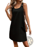 Women’s casual sleeveless denim style button mini dress in black with round neckline and two front pockets