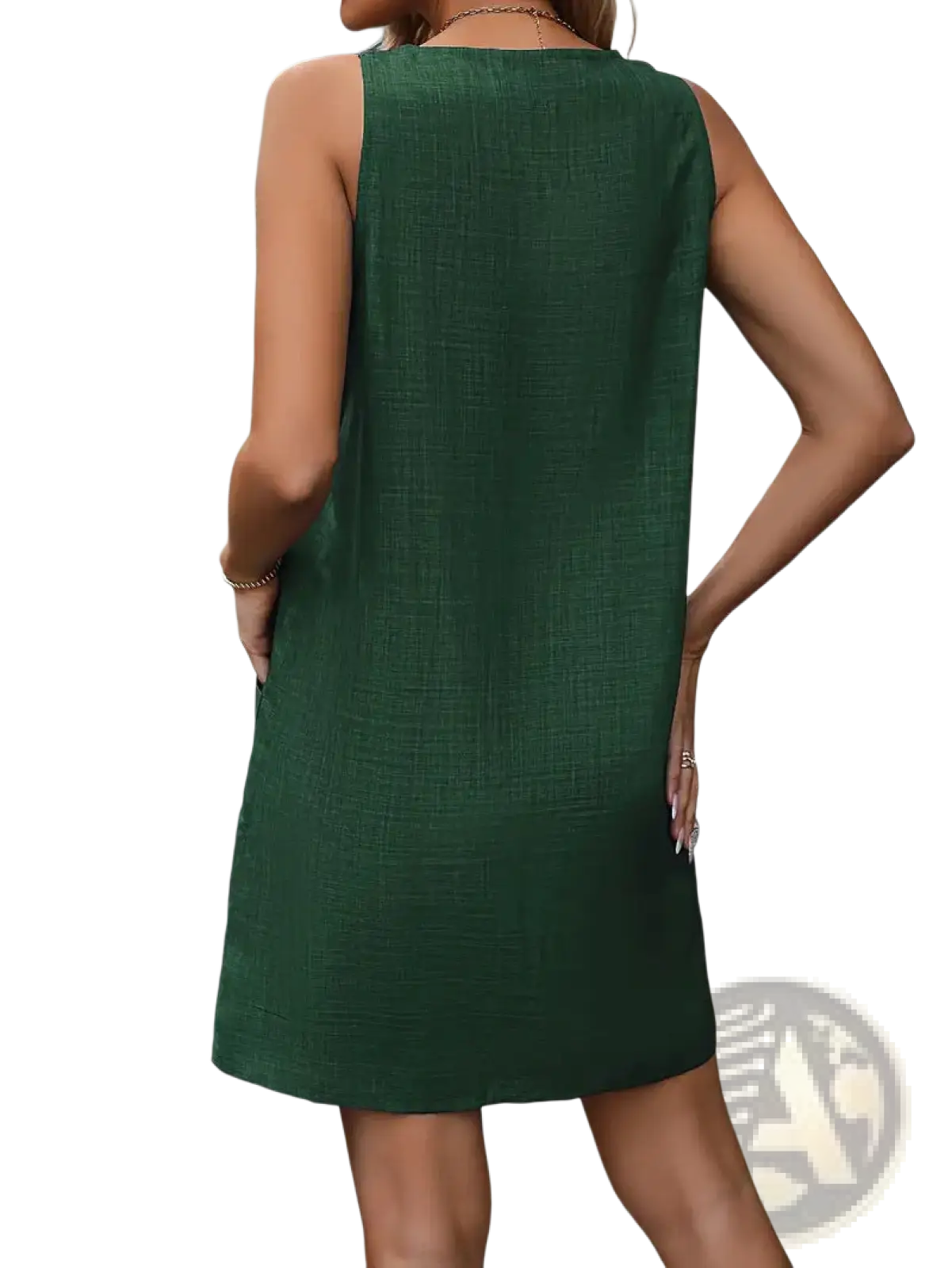 Women’s casual sleeveless dark green linen dress with relaxed fit and subtle texture for everyday wear