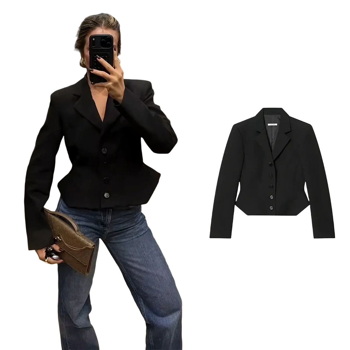 Women’s chic slim spring office blazer in black with structured design peplum hem and button closure