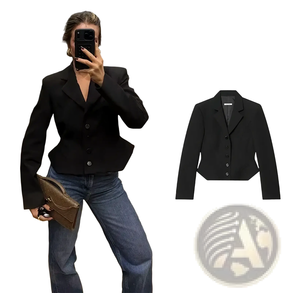 Women’s chic slim spring office blazer in black with structured design peplum hem and button closure