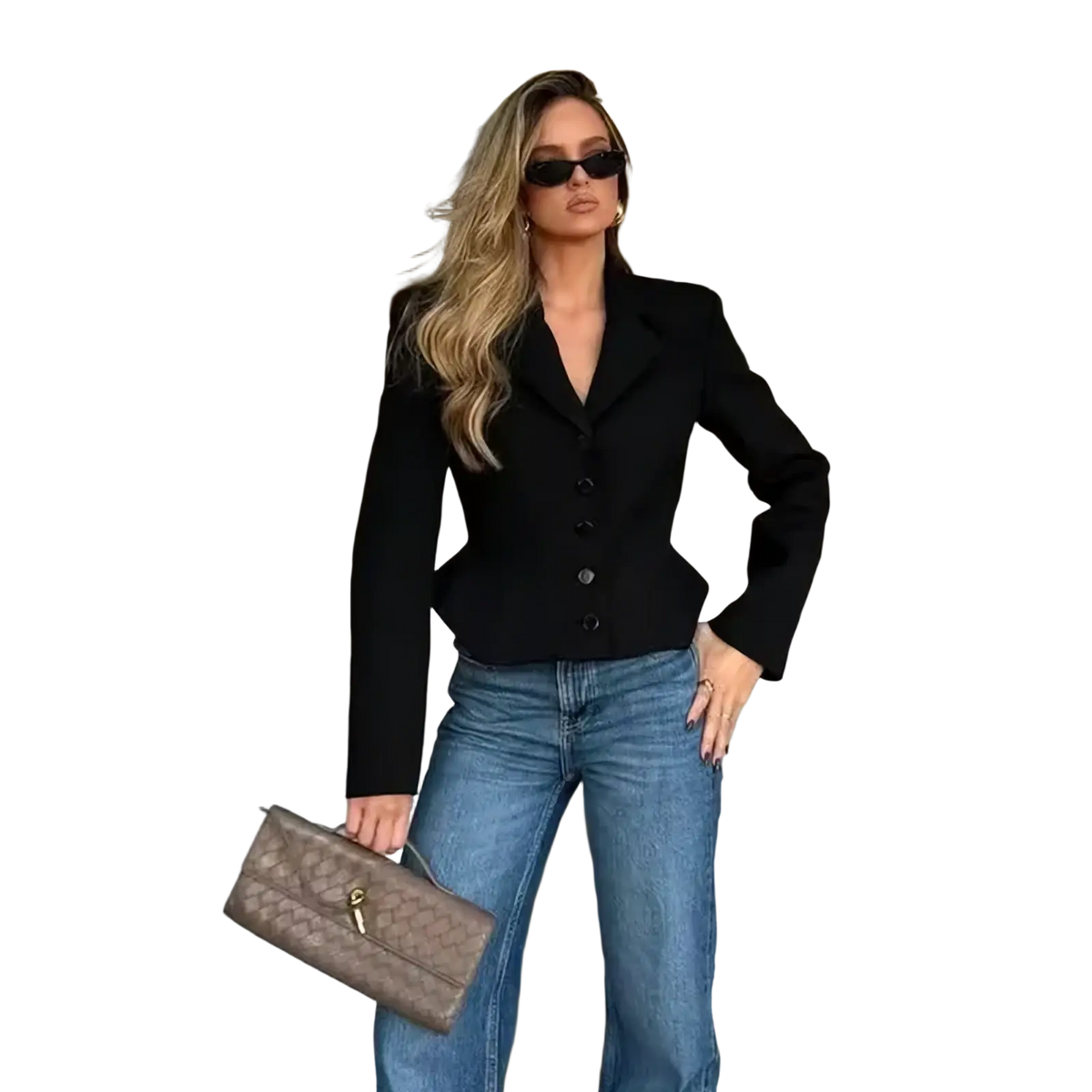 Brown quilted leather clutch with gold-tone hardware complementing women’s chic slim spring office blazer