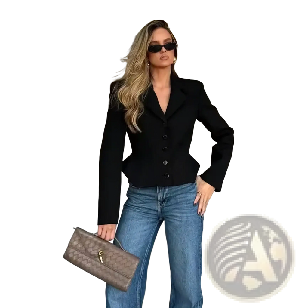 Brown quilted leather clutch with gold-tone hardware complementing women’s chic slim spring office blazer