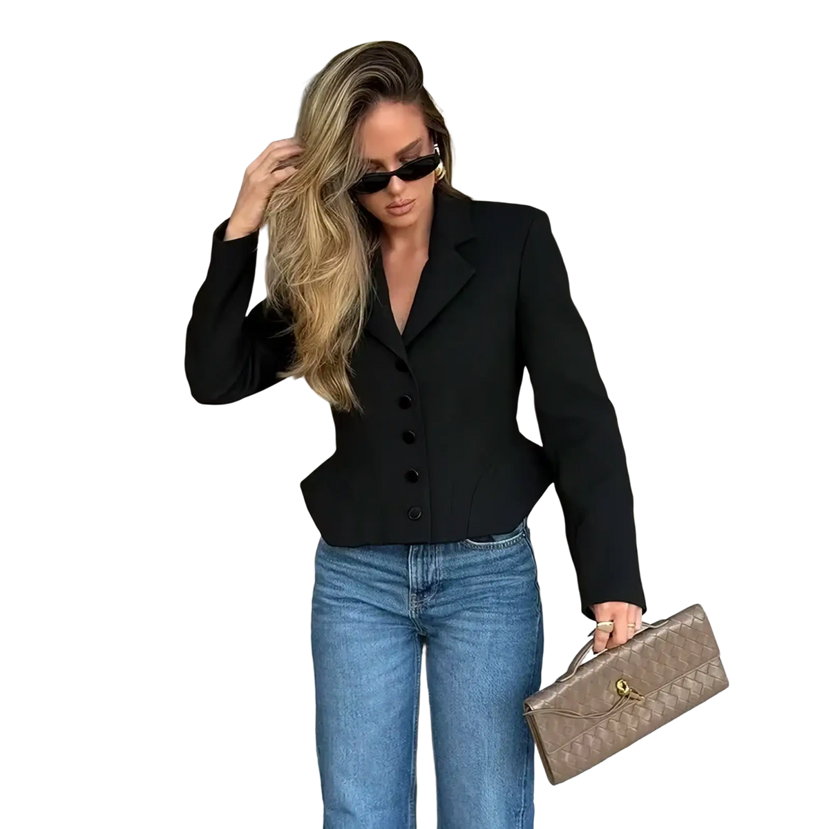 A taupe quilted leather clutch with gold tone clasp complementing women’s chic slim spring office blazer