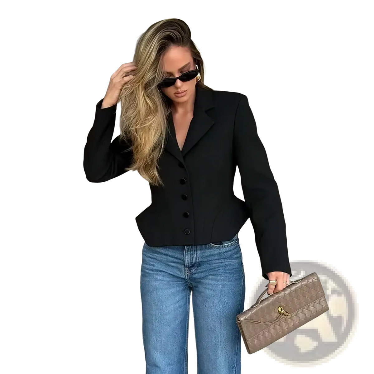 A taupe quilted leather clutch with gold tone clasp complementing women’s chic slim spring office blazer