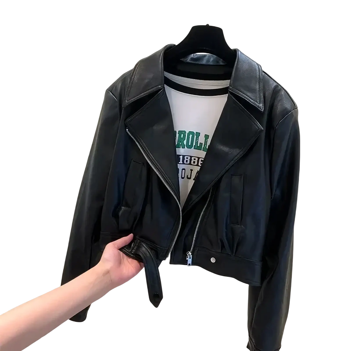 Women’s cropped black faux leather moto jacket featuring a front zipper closure and a fitted silhouette