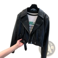 Women’s cropped black faux leather moto jacket featuring a front zipper closure and a fitted silhouette