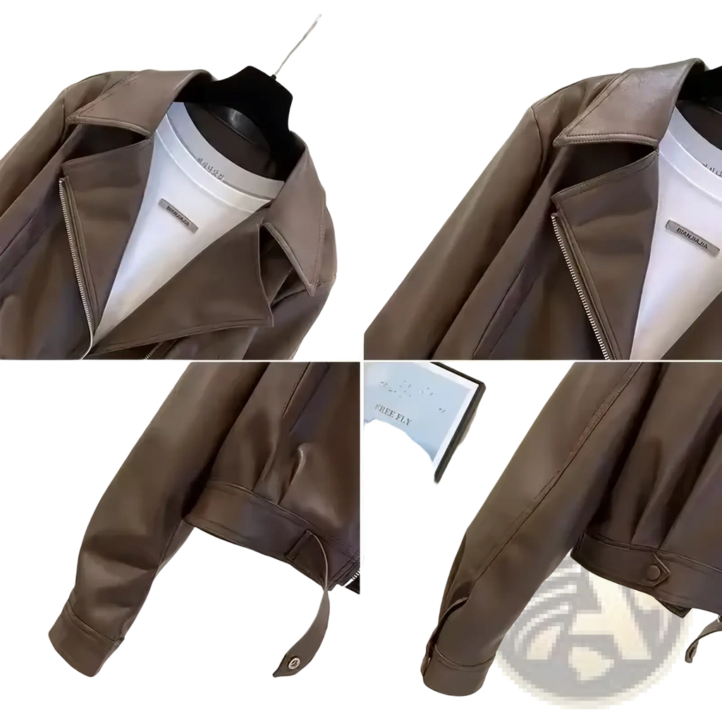 Women’s cropped brown faux leather moto jacket with sleek matte finish and classic zipper detailing