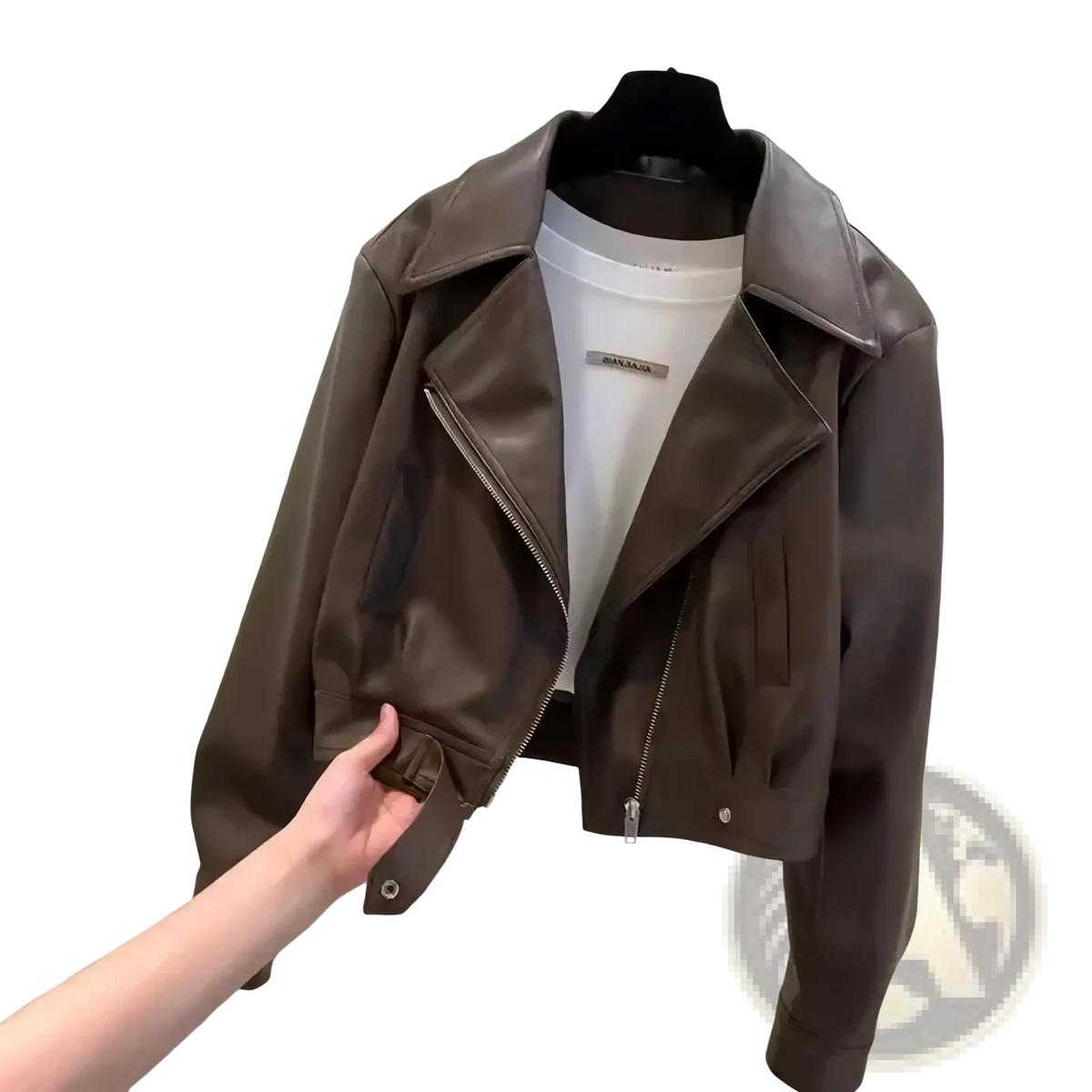 Women’s cropped brown faux leather moto jacket with asymmetrical zipper front and snap-button cuffs
