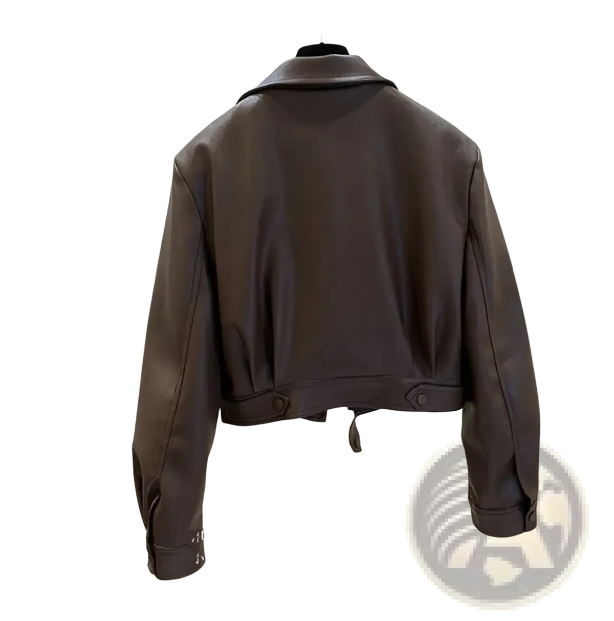 Women’s cropped faux leather moto jacket in brown with collar and buttoned cuffs displayed from the front