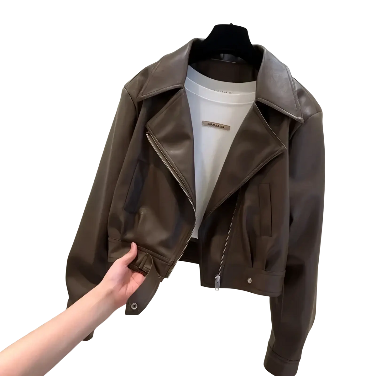 Brown faux leather women’s cropped moto jacket with sleek design and silver zipper accents