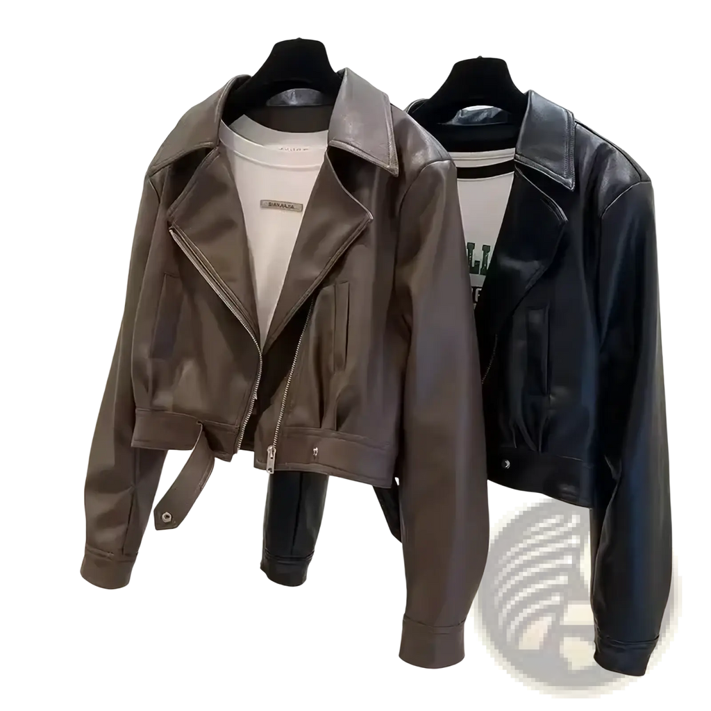 Brown cropped faux leather moto jacket for women featuring silver zipper detailing and a stylish fitted design