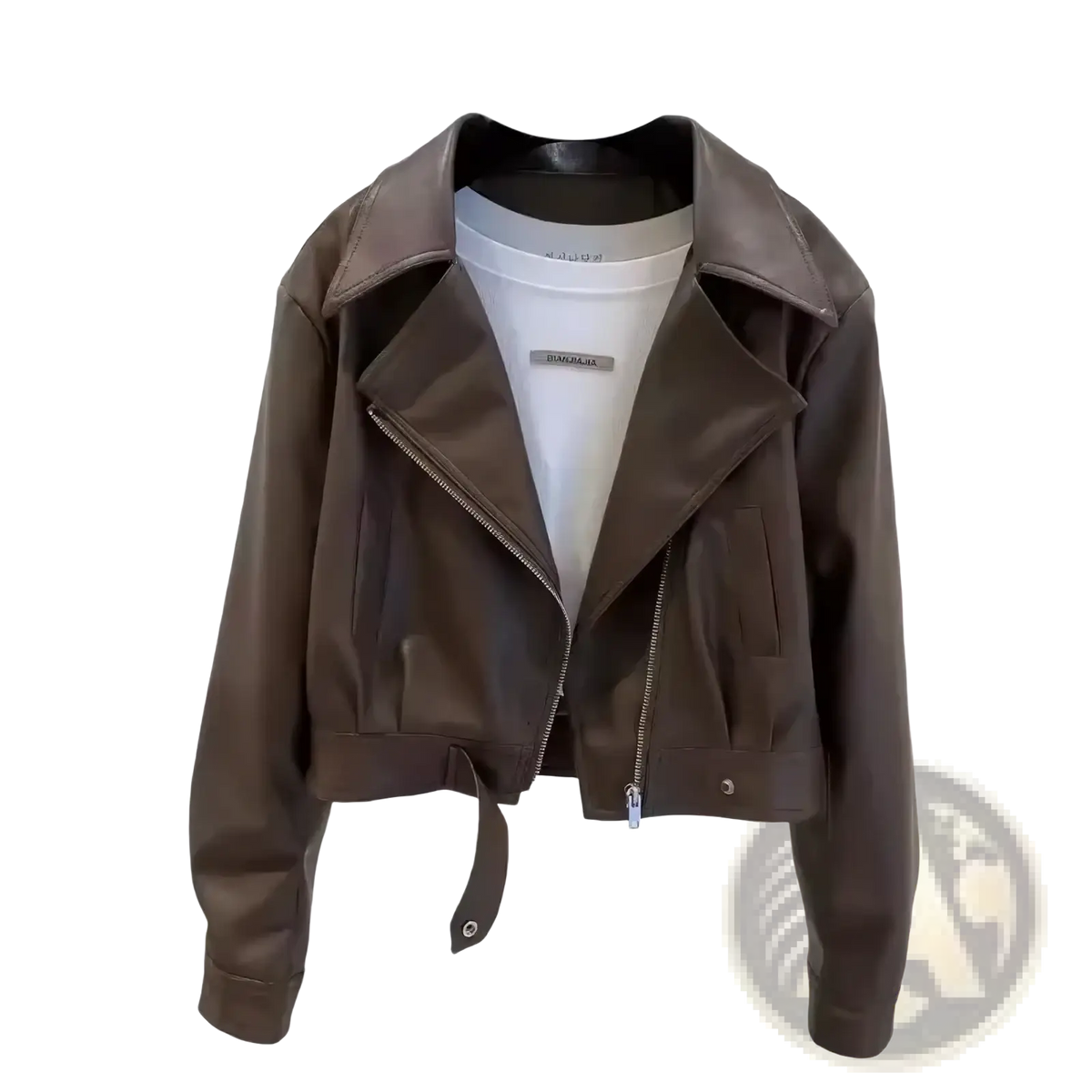 Brown faux leather cropped moto jacket for women with front zipper closure and biker style design