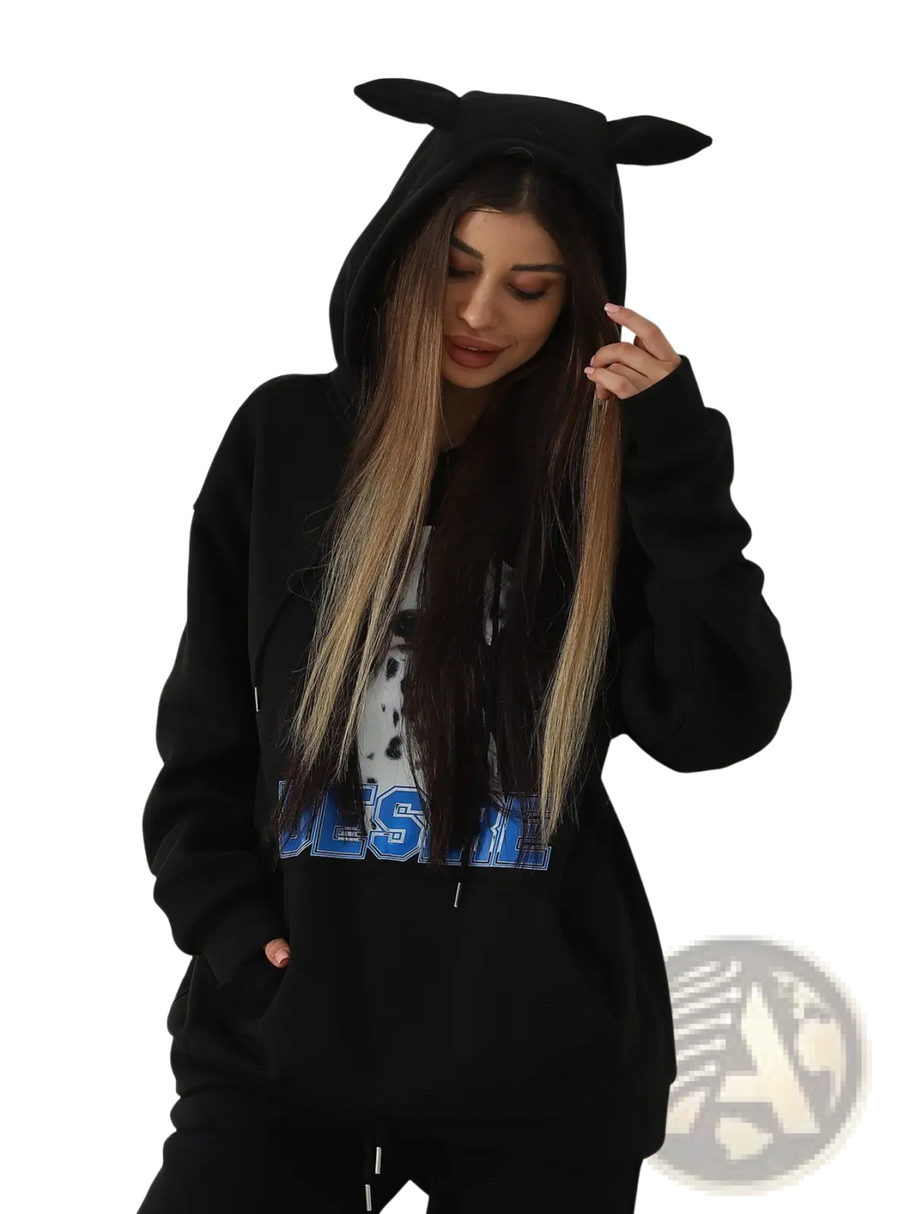Black women’s hoodie with cat ear trim and dalmatian print graphic on the chest for casual wear