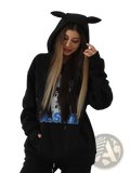 Black women’s hoodie with cat ear trim and dalmatian print graphic on the chest for casual wear
