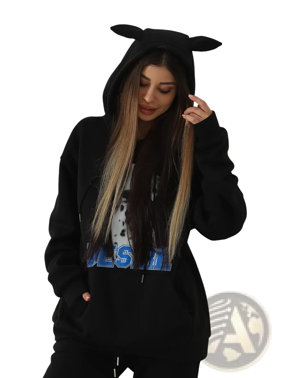 Black women’s hoodie with cat ear trim and dalmatian print graphic on the chest for casual wear