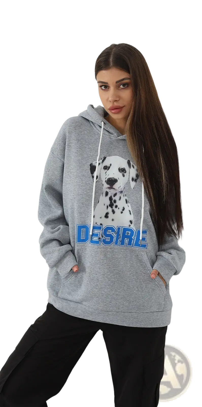 Women’s gray hoodie with black and white dalmatian graphic and blue desire lettering featuring cat ear hood