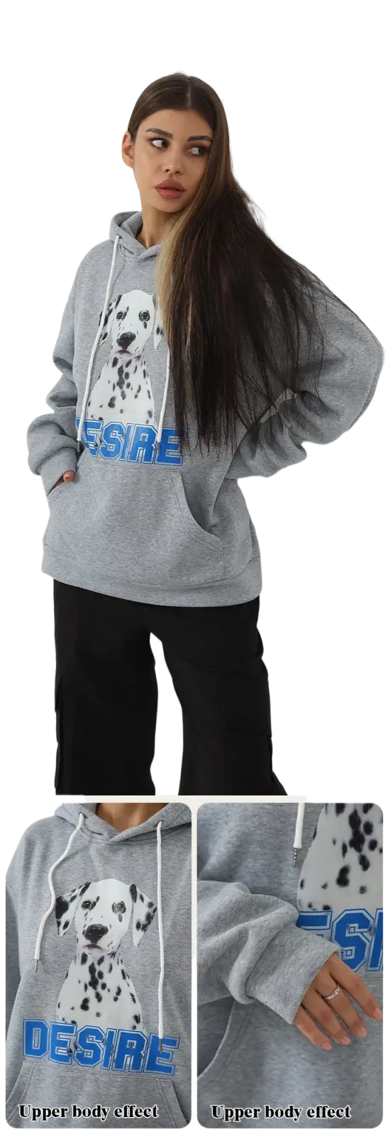 Gray women’s hoodie with cat ear hood featuring black and white dalmatian graphic and bold blue desire lettering across chest
