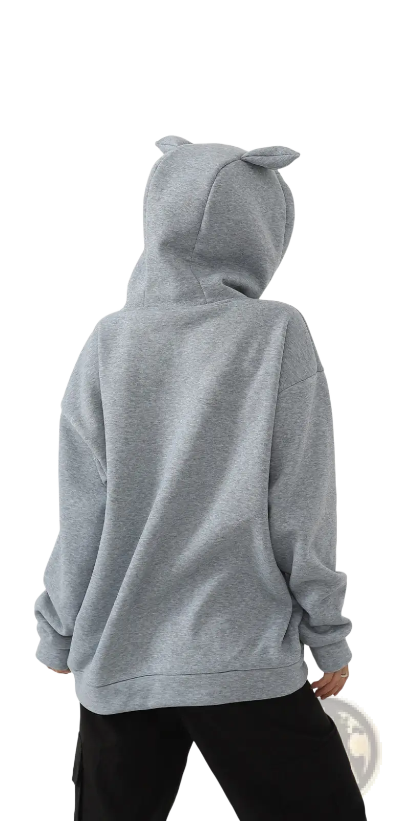 Women’s dalmatian print hoodie in gray heather fabric with soft plush cat ears on the hood for casual wear