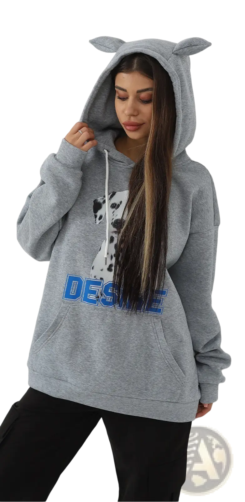 Women’s gray heathered hoodie with ear-shaped hood trim and black dalmatian print accented by bold blue lettering
