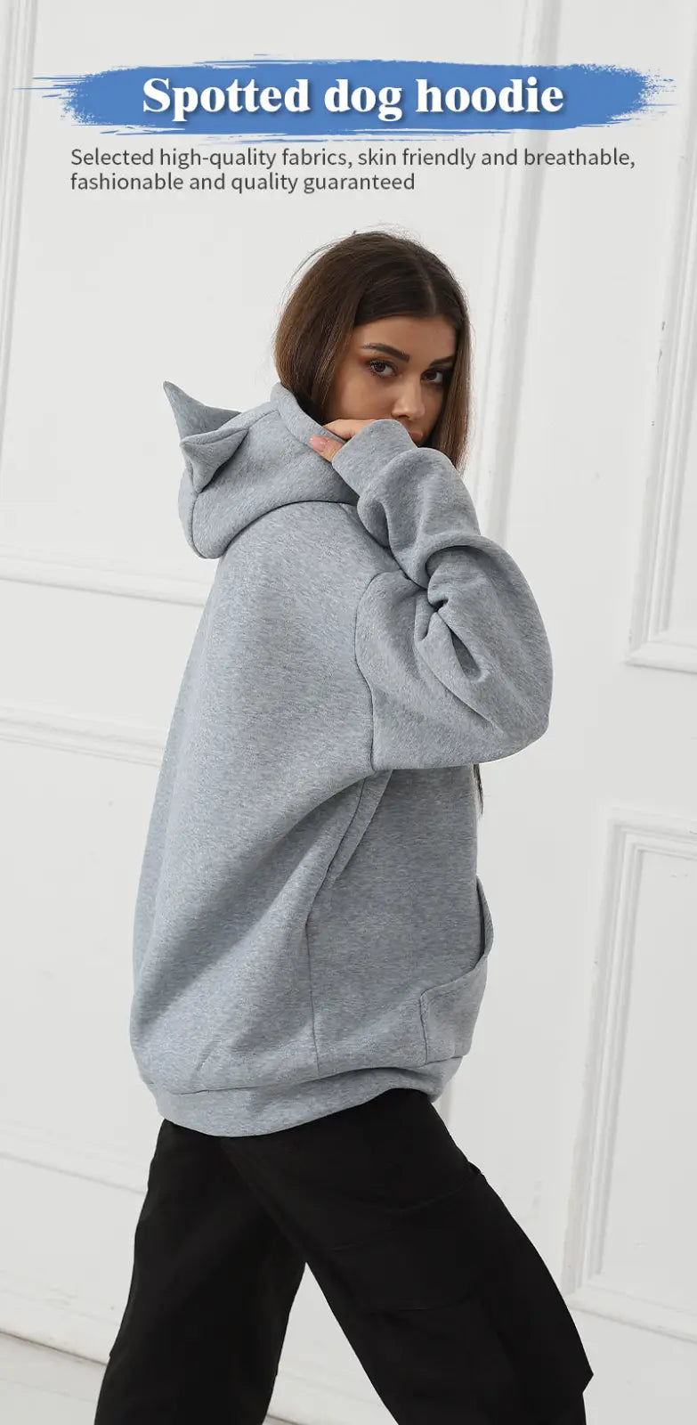 Women’s dalmatian print hoodie in gray spotted soft fabric with playful cat ear hood details
