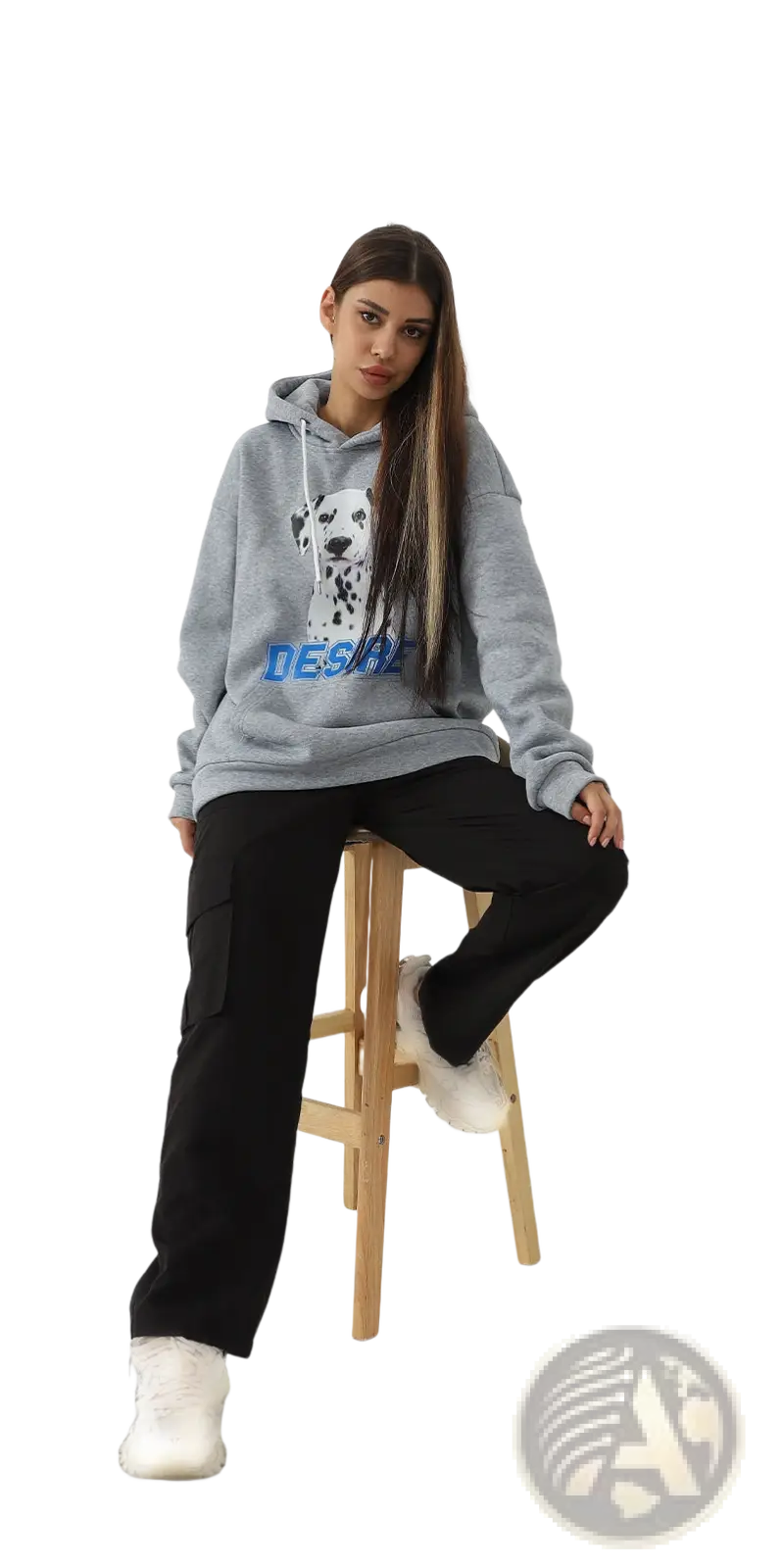 Women’s gray spotted dalmatian print hoodie with playful graphic cat ear hood and bold blue lettering on chest