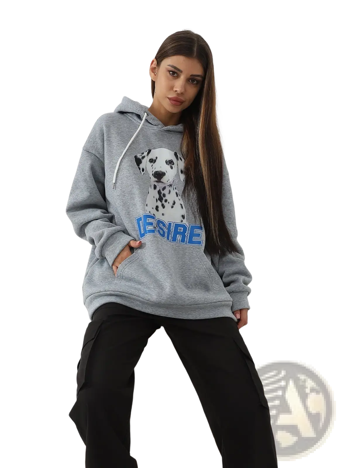 Gray oversized women’s hoodie with cat ear hood featuring a printed dalmatian puppy and blue desire lettering