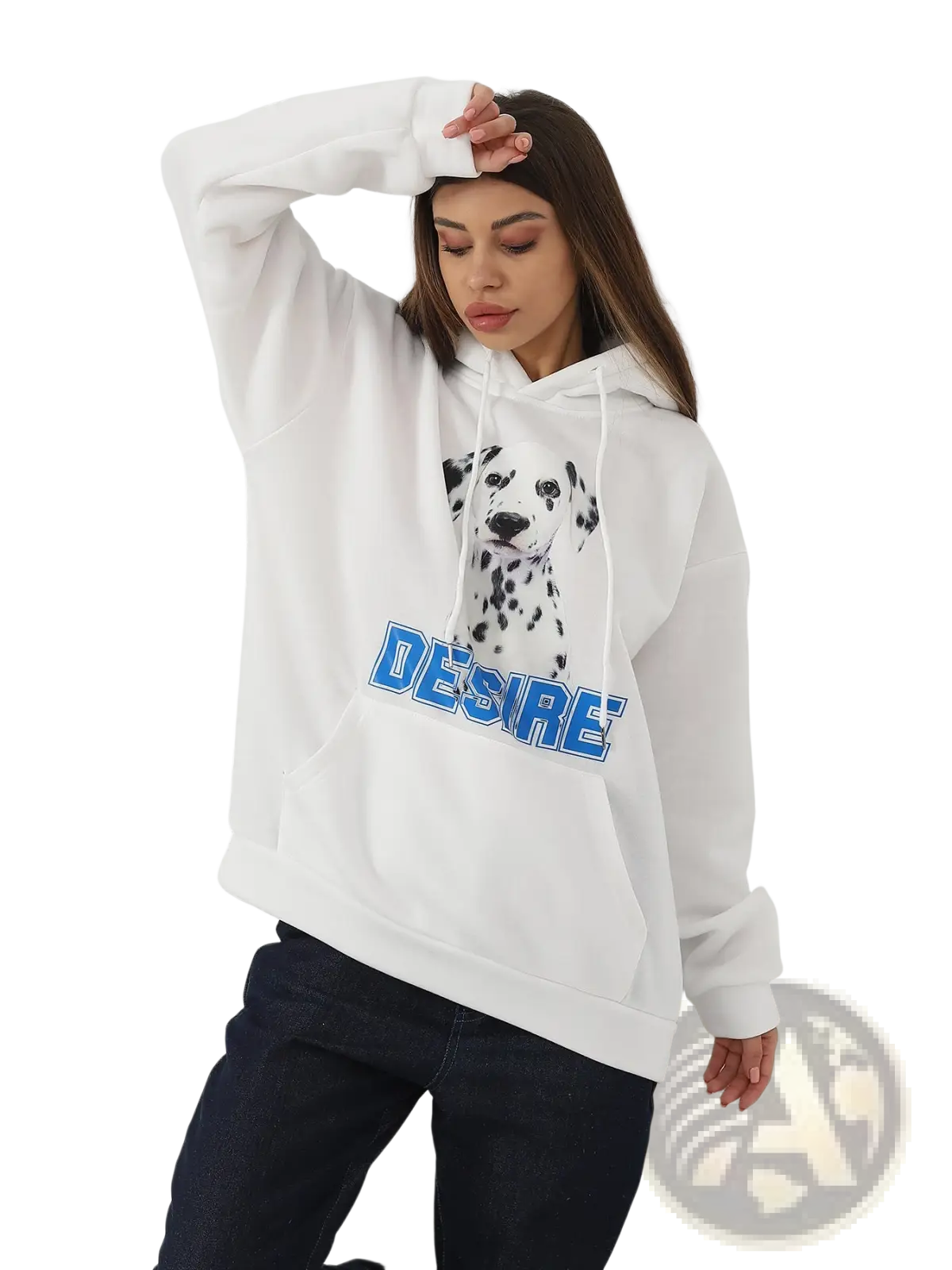 Women’s white hoodie with black and white dalmatian graphic and blue desire lettering featuring cat ear hood