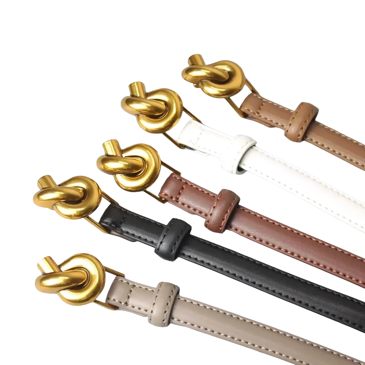 Women’s designer leather belts by Adair with gold-tone knot buckles in beige white brown black and taupe colors