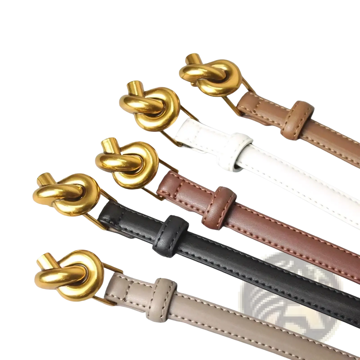 Women’s designer leather belts by Adair with gold-tone knot buckles in beige white brown black and taupe colors