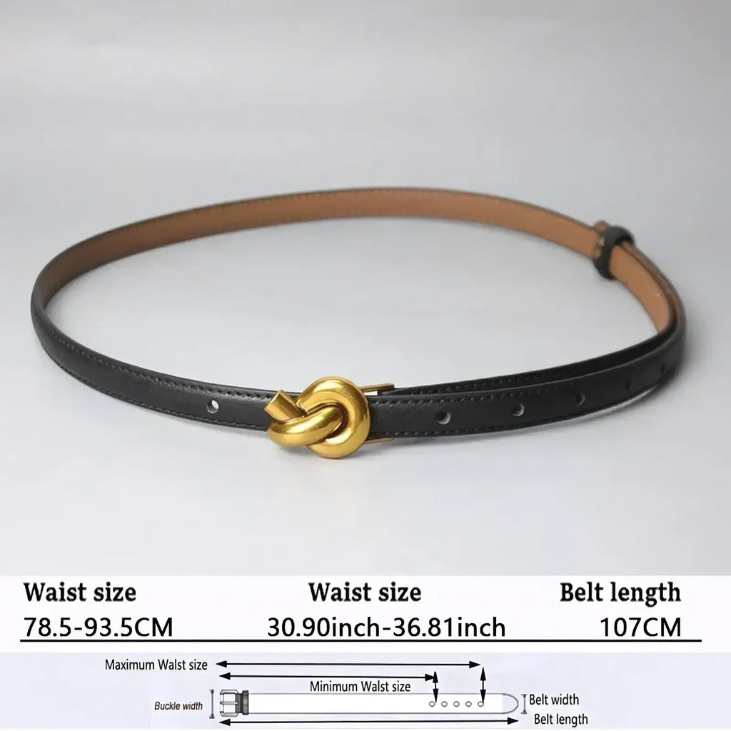 Women’s designer leather belt in black with a gold-tone knotted buckle for stylish accessorizing