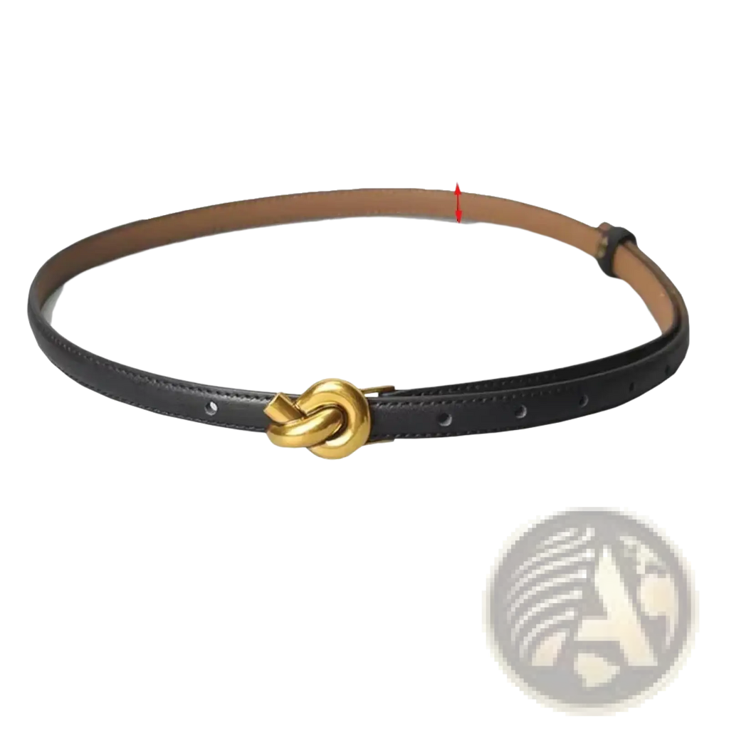 Black leather women’s designer belt with gold-tone knotted buckle and tan inner lining