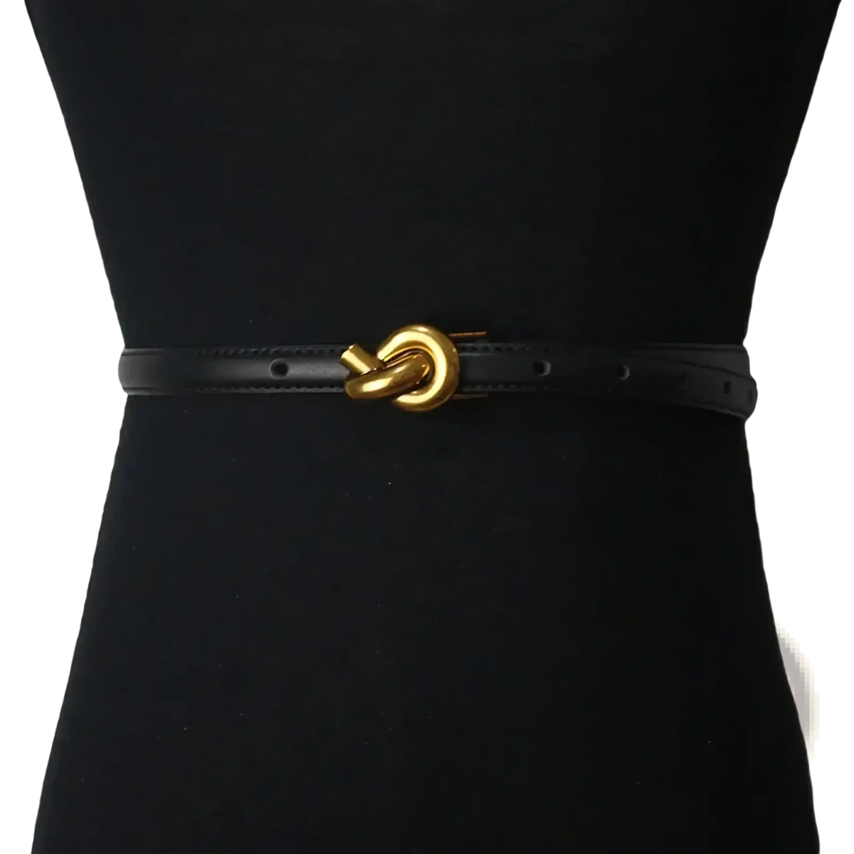 Black leather women’s designer belt featuring a gold-tone knot-shaped buckle for stylish wear