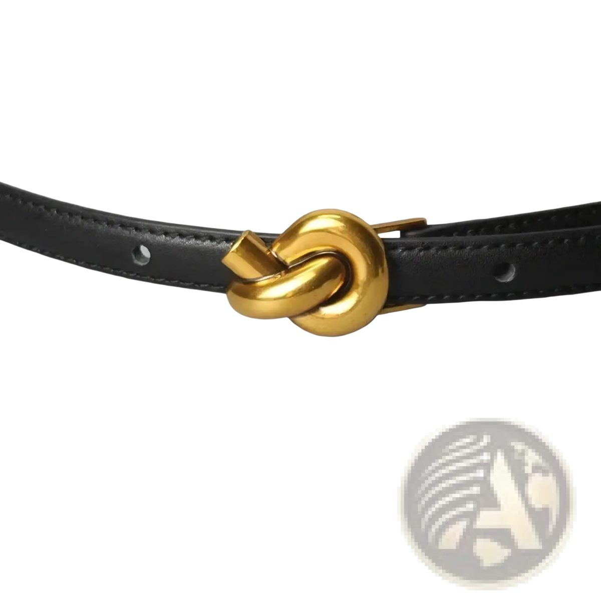 Black leather women’s designer belt with a gold-tone knot-shaped buckle for elegant styling