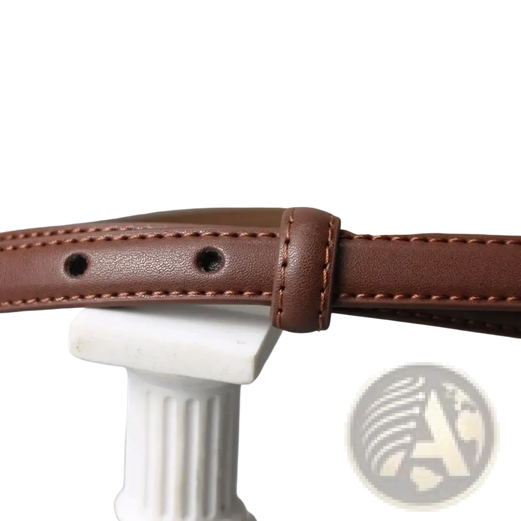 Women’s designer brown leather belt with matching stitching and a simple knot buckle