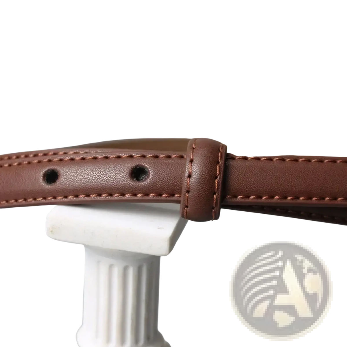 Women’s designer brown leather belt with matching stitching and a simple knot buckle