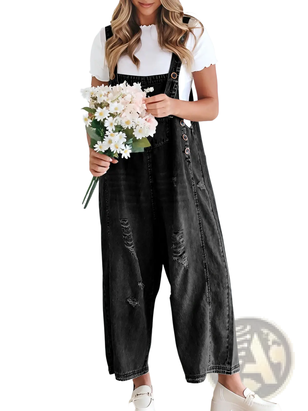 Women’s distressed black denim overalls with button closures and adjustable straps made of durable denim material