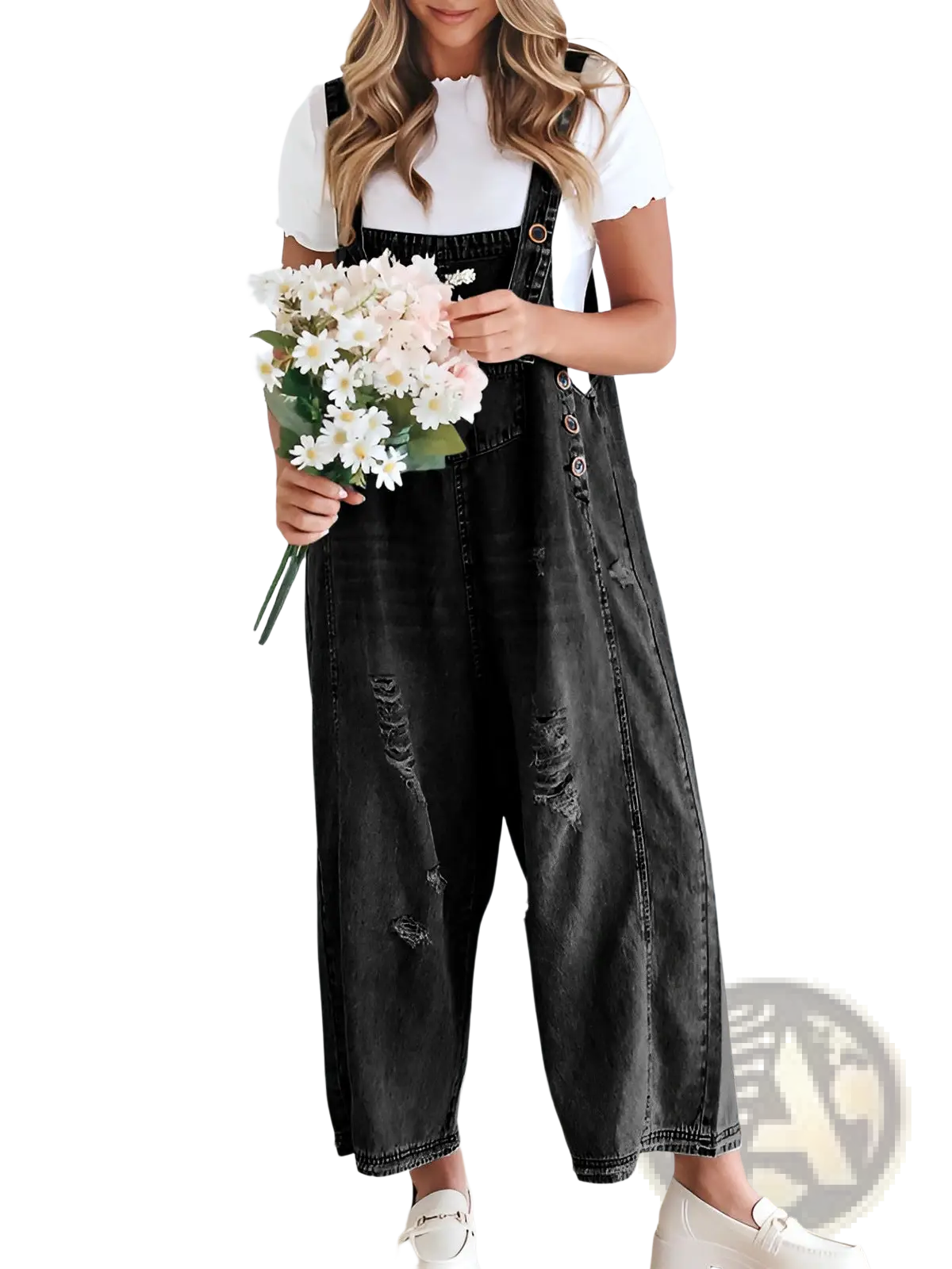 Women’s distressed black denim overalls with button closures and adjustable straps made of durable denim material
