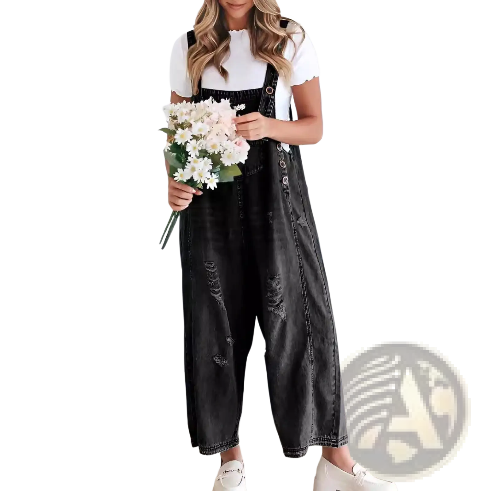 Black distressed denim overalls with adjustable straps and button closures for women in a casual style
