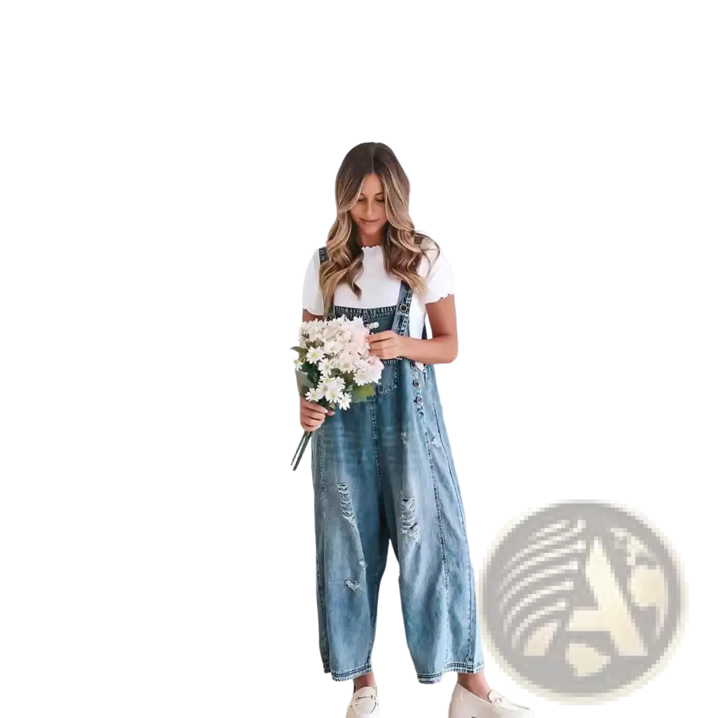Women’s blue denim overalls with distressed details and adjustable straps in a relaxed fit style