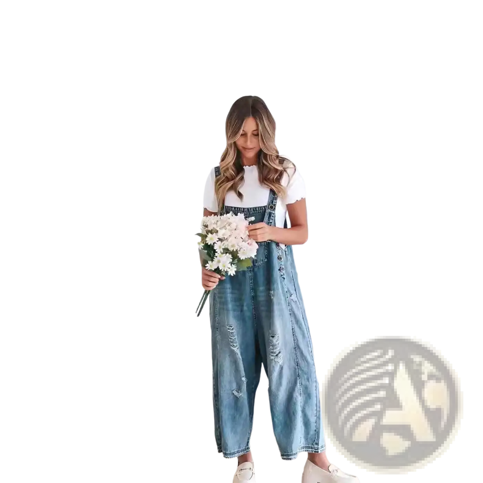 Women’s blue denim overalls with distressed details and adjustable straps in a relaxed fit style