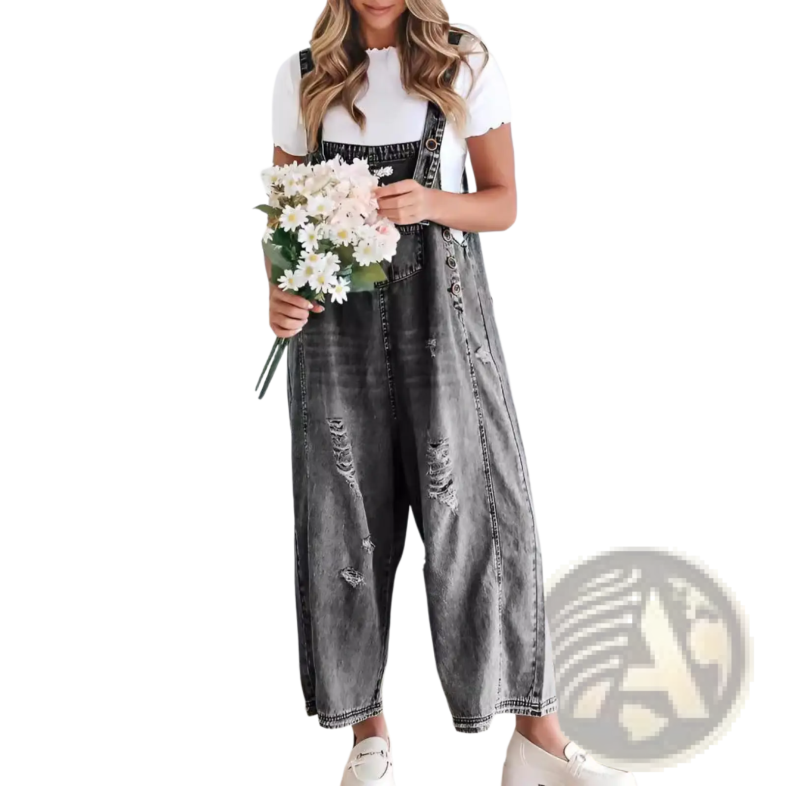 Women’s distressed gray denim overalls with adjustable black straps and button closures in a casual style