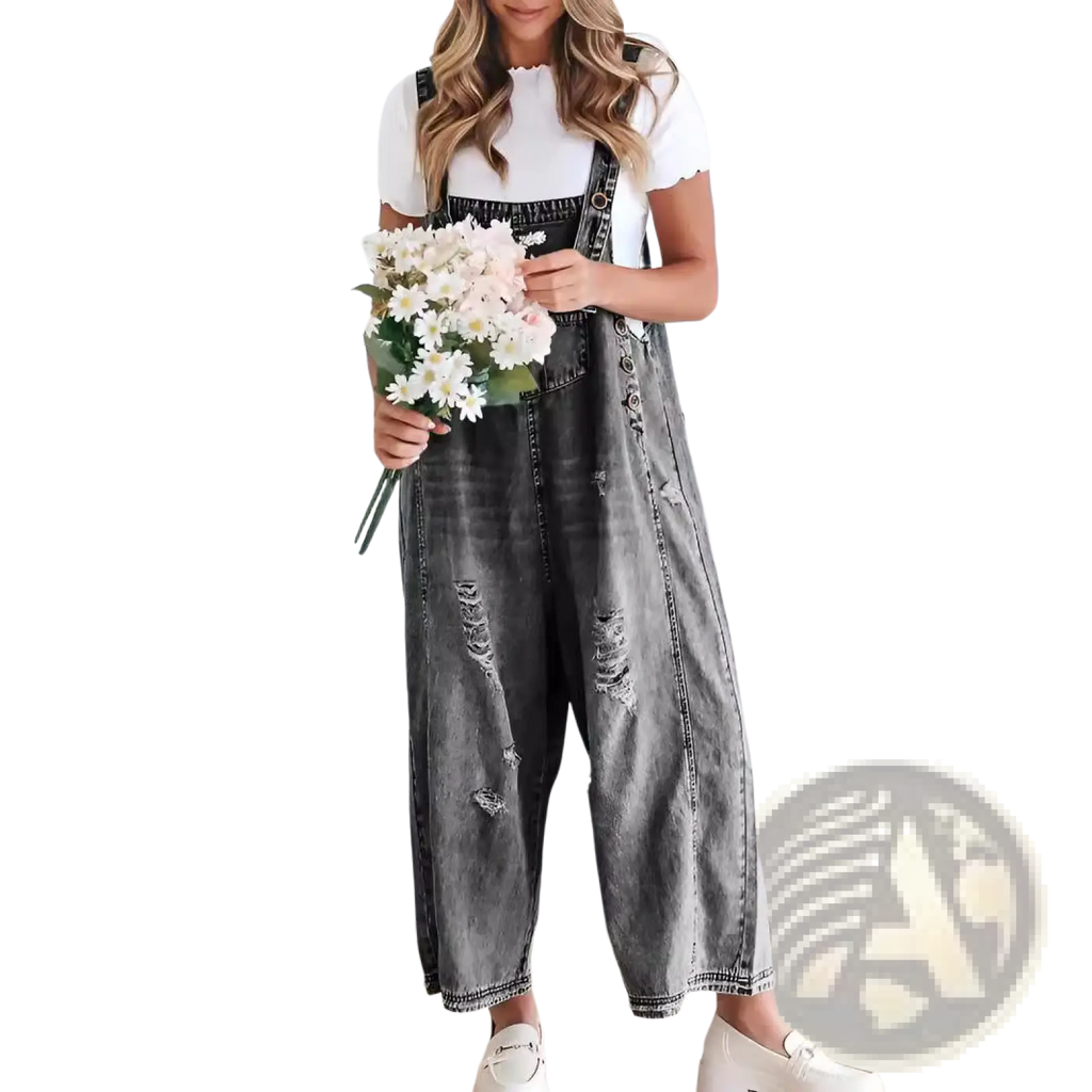 Women’s distressed gray denim overalls with adjustable black straps and button closures in a casual style